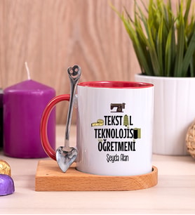 Tekstil Teknolojisi Öğretmeni Ahşap Altlıklı Kırmızı Kupa Bardak