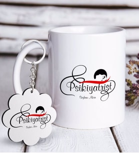 BK Gift Kişiye Özel Mesleki Psikiyatrist Beyaz Kupa ve Anahtarlık Hediye Seti-4 (Model 1)
