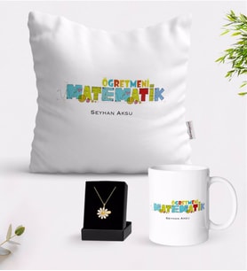 BK Gift Kişiye Özel Matematik Öğretmeni Beyaz Kupa Yastık ve İsimli Papatya Kolye Hediye Seti-2 (Model 1)