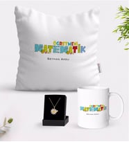 BK Gift Kişiye Özel Matematik Öğretmeni Beyaz Kupa Yastık ve İsimli Papatya Kolye Hediye Seti-2 (Model 1)