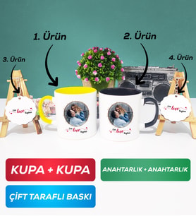 İkili Sarı Siyah Sevgiliye Sevgililer Günü Hediyesi 11 Kupa Bardak Anahtarlık