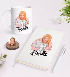BK Gift Kişiye Özel Kadın Aşçı Karikatürlü Beyaz Defter Kalem ve Kupa Seti-3 (Model 1)