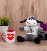 Sevgiliye Hediye İsim Yazılı Kalpli Kırmızı Kupa Bardak ve Peluş Eşek