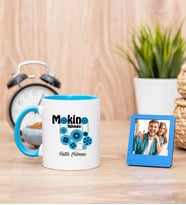 Makine Mühendisi Mavi Kupa Bardak ve Mavi Mini Fotoğraf Çerçevesi