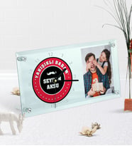 BK Gift Kişiye Özel Fotoğraflı Yakışıklı Babam Masaüstü Cam Saat-1 (Beyaz)
