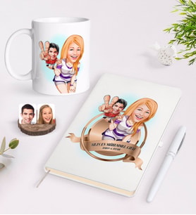 BK Gift Kişiye Özel Yılın En Mükemmel Çifti Karikatürlü Beyaz Defter Kalem ve Kupa Seti-30 (Model 1)