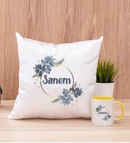 Çiçek Desenli İsme Özel Kare Yastık ve Sarı Kupa Bardak