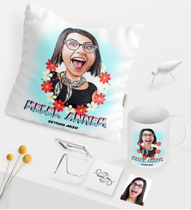 BK Gift Kişiye Özel Melek Annem Karikatürlü Beyaz Kupa Ayna Yastık Seti (Model 1)