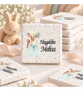 30 Adet Kişiye Özel Baskılı Doğal Taş Magnet 5x5cm Doğum Günü, Hoşgeldin Bebek (Beyaz)
