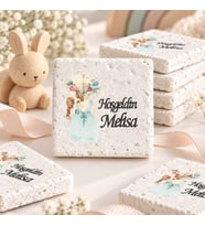 30 Adet Kişiye Özel Baskılı Doğal Taş Magnet 5x5cm Doğum Günü, Hoşgeldin Bebek (Beyaz)