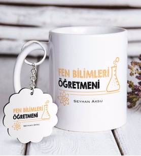 BK Gift Kişiye Özel Fen Bilimleri Öğretmeni Beyaz Kupa ve Anahtarlık Hediye Seti-4 (Model 1)