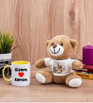 Sevgililere Özel İsim Yazılı Sarı Kupa Bardak ve Peluş Ayıcık