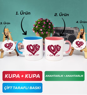 İkili Mavi Pembe Love Tasarımlı Sevgililer Günü Hediyesi Kupa Bardak Anahtarlık