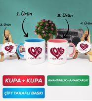 İkili Mavi Pembe Love Tasarımlı Sevgililer Günü Hediyesi Kupa Bardak Anahtarlık