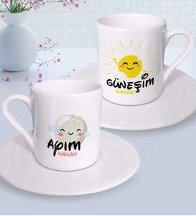 BK Gift Kişiye Özel Güneşim ve Ayım İkili Türk Kahvesi Fincanı Seti-4 (Beyaz)