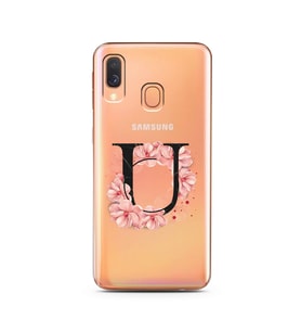 Pembe Çiçekli Harf Tasarım Süper Şeffaf Silikon Telefon Kılıfı Samsung A40 U-Har