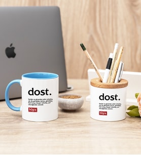 Dost Kelime Anlamı Mavi Kupa Bardak Ve Kalemlik Hediye Seti