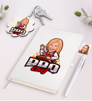 BK Gift Kişiye Özel Kadın Barbekü Chef Karikatürlü Beyaz Defter Kalem ve Anahtarlık Hediye Seti (Model 1)