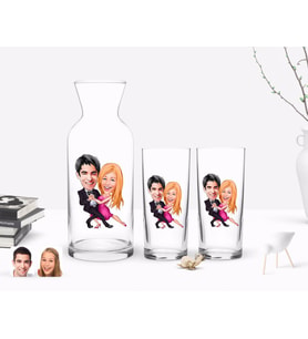 BK Gift Kişiye Özel Renkli Baskılı Sevgililer Karikatürlü İkili Rakı Bardağı ve Karaf Hediye Seti-13 (Model 1)