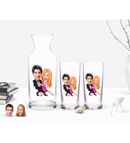 BK Gift Kişiye Özel Renkli Baskılı Sevgililer Karikatürlü İkili Rakı Bardağı ve Karaf Hediye Seti-13 (Model 1)