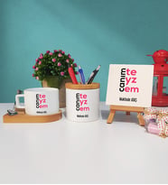 Teyzeye Hediye Canım Teyzem Tasarımlı Kişiye Özel Teyze Ahşap Altlıklı Fincan Kalemlik ve Dekoratif Taş Baskı Seti