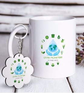 BK Gift Kişiye Özel Mesleki Çevre Mühendisi Beyaz Kupa ve Anahtarlık Hediye Seti (Model 1)