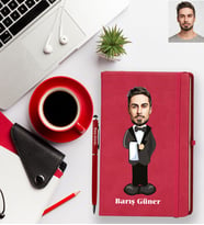 Kişiye Özel Şef Garson Karikatürlü Kırmızı Defter Kalem Hediye Seti Bay-1