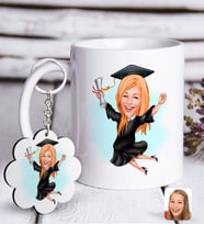 BK Gift Kişiye Özel Bayan Mezun Karikatürlü Beyaz Kupa ve Anahtarlık Hediye Seti-1 (Model 1)