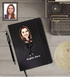 Kişiye Özel Öğretmen KarikatürlüSiyah Defter Kalem Hediye Seti  Bayan-6