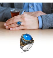 Oval Aqua Zirkon Taşlı Kompakt Tasarım 925 Ayar Gümüş Erkek Yüzük (Çok Renkli)