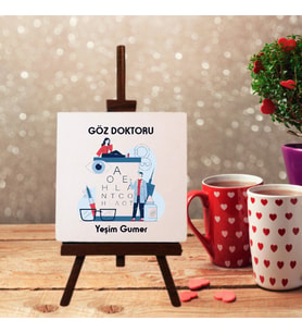 Kişiye Özel Göz Doktoru Tasarımlı Şövale Ayaklı Dekoratif Doğal Taş (Krem)