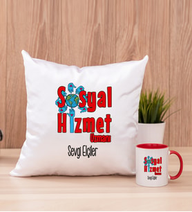 Sosyal Hizmet Uzmanı Kare Yastık ve Kırmızı Kupa Bardak