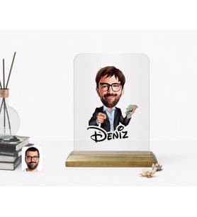 BK Gift Kişiye Özel Erkek Milyoner Karikatürlü Ahşap Standlı Çerçeve (Beyaz)