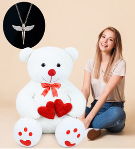 90 cm Çift Kalp Tutan Pelüş Ayı Yanında Melek Kolye Hediyeli (Model 4)