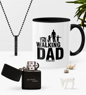 BK Gift Kişiye Özel The Walking Dad Siyah Kupa Benzinli Çakmak Kolye Seti-1 (Model 1)