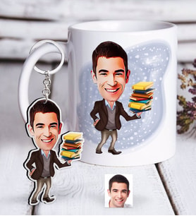 BK Gift Kişiye Özel Bay Öğretmen Karikatürlü Beyaz Kupa ve Anahtarlık Hediye Seti-8 (Model 1)