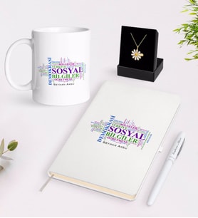 BK Gift Kişiye Özel Sosyal Bilgiler Öğretmeni Beyaz Kupa Defter Kalem ve İsimli Papatya Kolye Hediye Seti-1 (Model 1)
