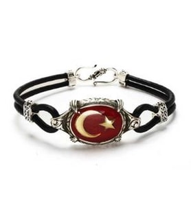 Ayyıldız Türk Bayrağı Deri Gümüş Erkek Bayan Bileklik 6018608188192