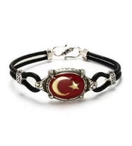 Ayyıldız Türk Bayrağı Deri Gümüş Erkek Bayan Bileklik 6018608188192