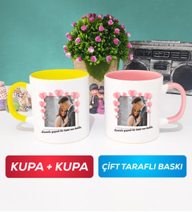 İkili Sevgiliye Sevgililer Günü Hediyesi 12 Kupa Bardak Sarı Pembe