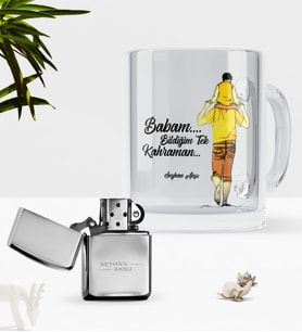 BK Gift Kişiye Özel Babam Bildiğim Tek Kahraman Cam Kupa Bardak Benzinli Çakmak Seti (Model 1)