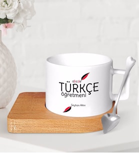 BK Gift Kişiye Özel Türkçe Öğretmeni Ahşap Altlıklı Seramik Fincan-2 (Beyaz)