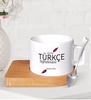 BK Gift Kişiye Özel Türkçe Öğretmeni Ahşap Altlıklı Seramik Fincan-2 (Beyaz)