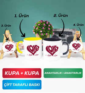 İkili Sarı Siyah Love Tasarımlı Sevgililer Günü Hediyesi Kupa Bardak Anahtarlık