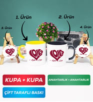 İkili Sarı Siyah Love Tasarımlı Sevgililer Günü Hediyesi Kupa Bardak Anahtarlık