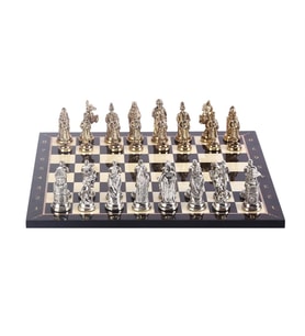 Büyük Boy Metal Osmanlı Bizans Satranç Takımı Parlak ve Ceviz Desenli MDF Ahşap Satranç Tahtası (37x37 cm.) (Çok Renkli)