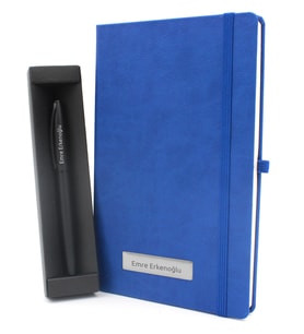 Kişiye Özel Mavi Defter & Kalın Metal Roller Kalem Hediye Seti (Siyah)