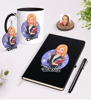 BK Gift Kişiye Özel Kadın Yönetici Karikatürlü Siyah Defter Kalem Kupa ve Anahtarlık Hediye Seti-1 (Model 1)