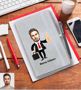 Kişiye Özel İş Adamı Karikatürlü Gri Defter Kalem Hediye Seti Bay-2