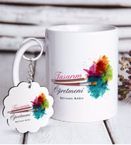 BK Gift Kişiye Özel Tasarım Öğretmeni Beyaz Kupa ve Anahtarlık Hediye Seti-2 (Model 1)